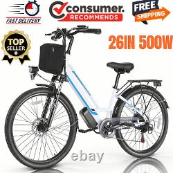 500W Electric Bike for Adults, 26 Commuter Ebike Cruiser Bicycles with Rear Rack